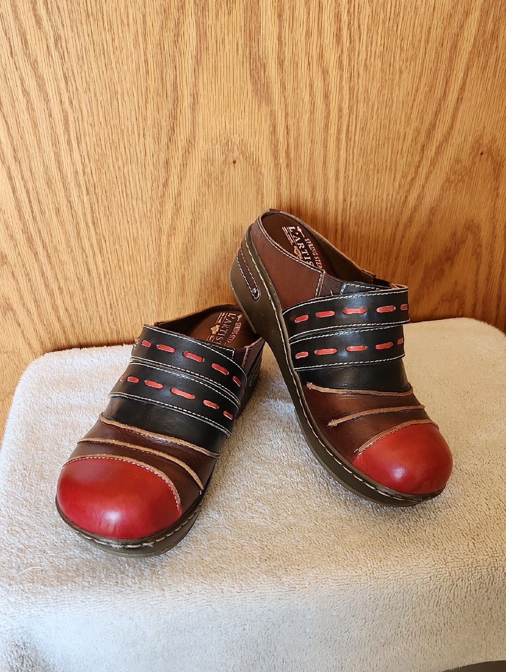 Women’s Two-Tone Leather Slip-On Mules in Red, Black, and Brown